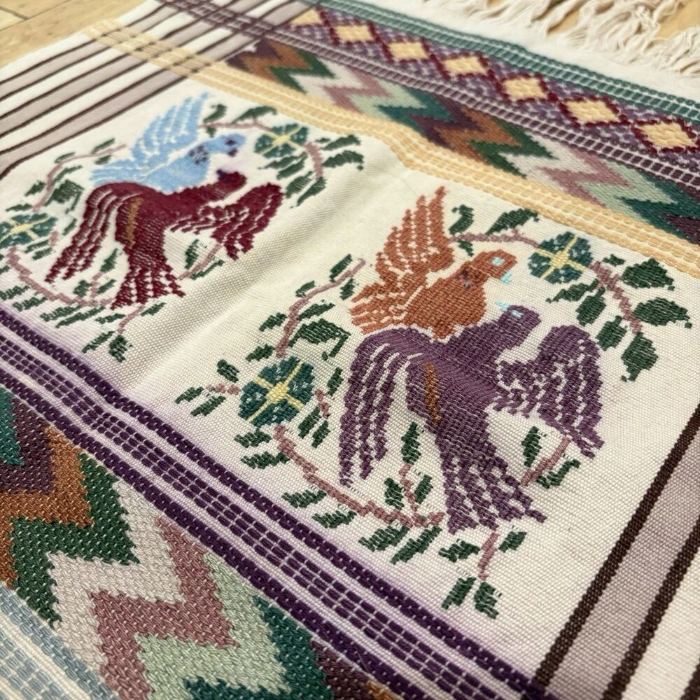 Handwoven Guatemalan Cotton Table Runner Quetzal Bird Design Textile Wall Art - Picture 7 of 14